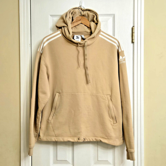 Adidas Parley Hoodie Sweatshirt Trefoil Pullover Zip Pocket Organic Beige Mens M